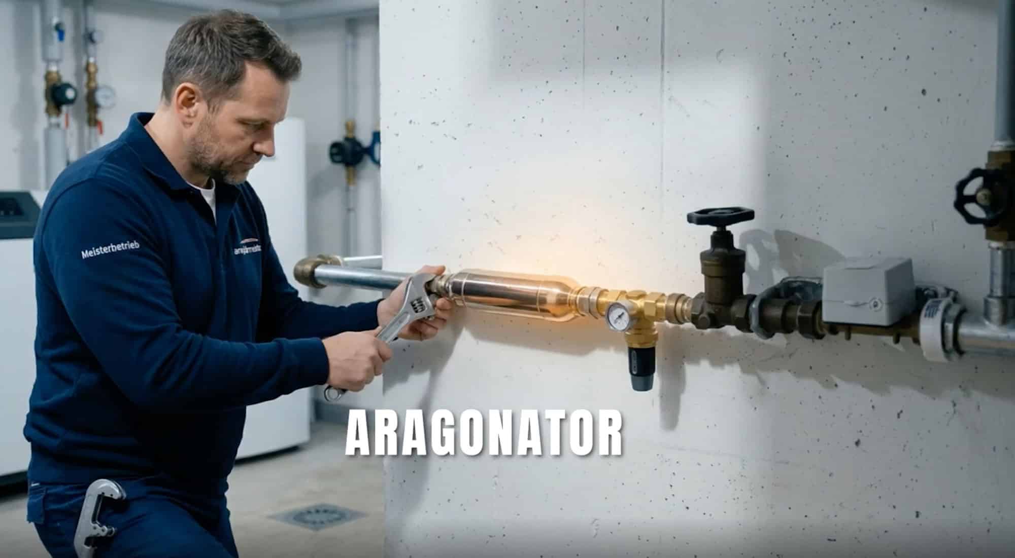Einbaufoto des Aragonator mit einem Monteur. Kalkschutz 24 by H.Preiss International
