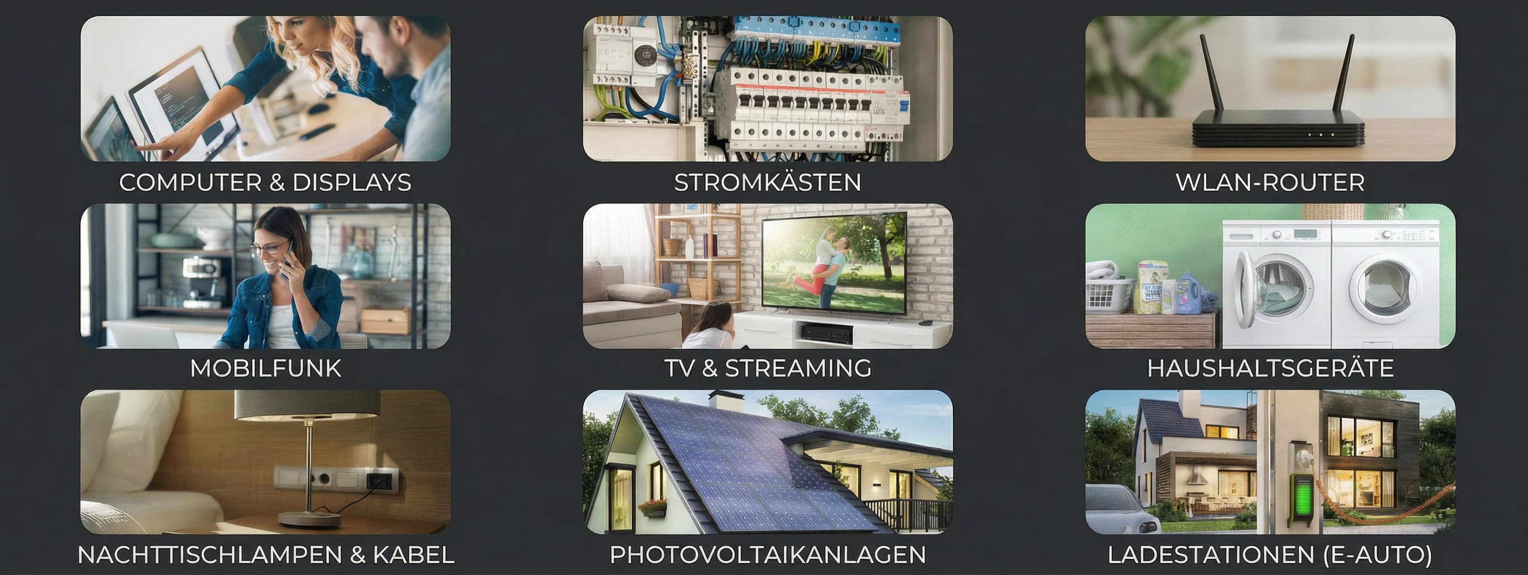 Ursachen für E-Smog in Haushalten wie z.B. WLAN, E-Auto-Ladesäulen, Displays, Laptops, Haushaltsgeräte und Co. H.Preiss International